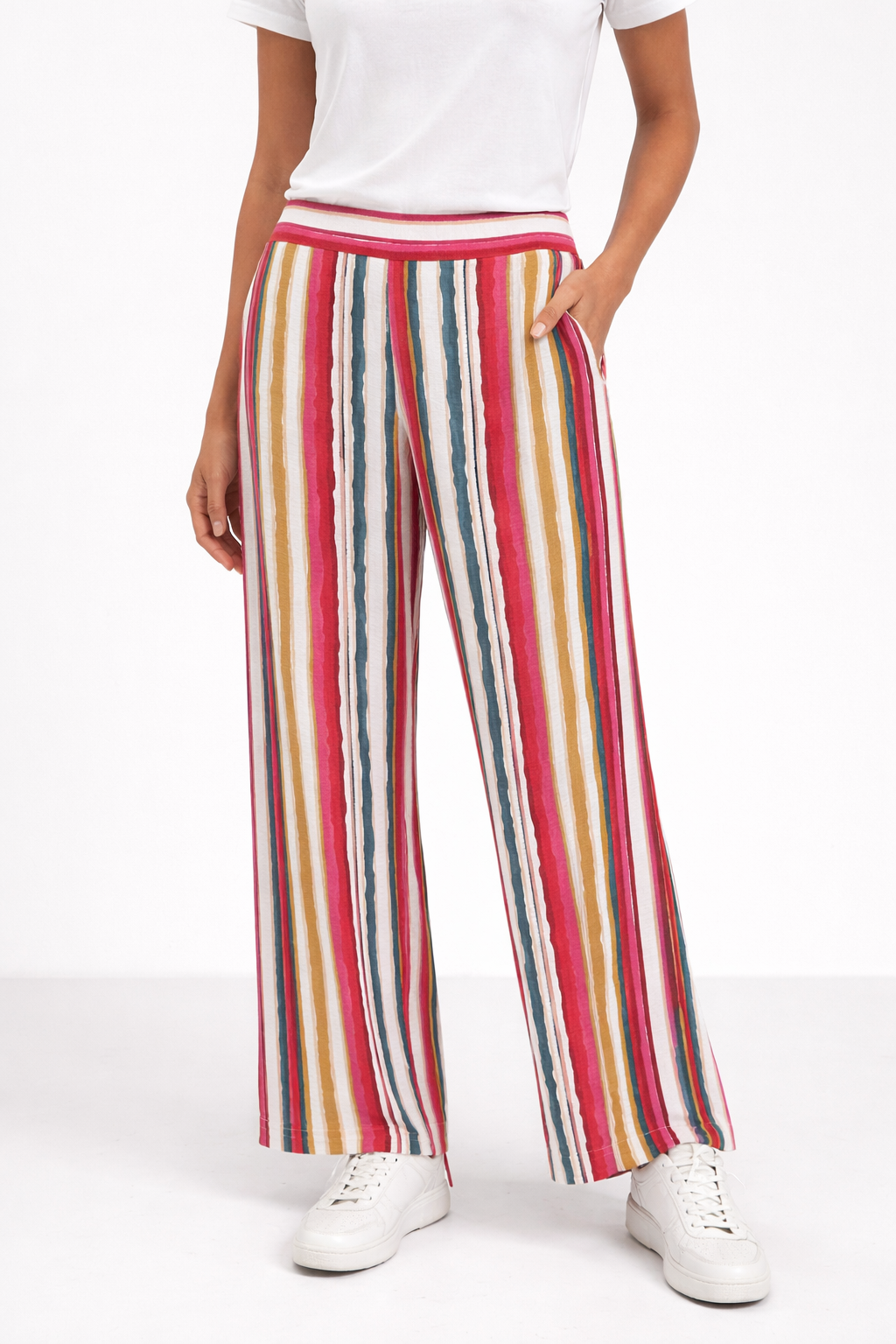 Add a splash of colour to your wardrobe with these vibrant striped wide-leg pants. Featuring handy side pockets and a comfortable elastic back waistband, they offer an easy, relaxed fit perfect for everyday wear.