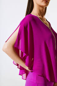 Joseph Ribkoff Rhinestone Trim Ruffled Chiffon Poncho Top